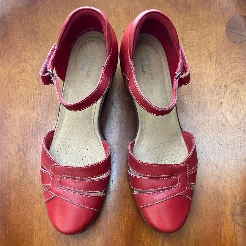 Clarks Red Leather Emily Daisy Heeled Dress Sandal Shoe Women's Size 8.5 - Picture 8 of 15
